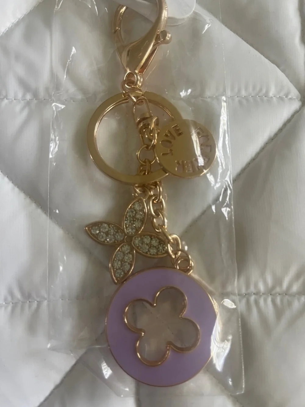 Gold-Tone Keychain Purse Bag Charm with Lavender Enamel Flower Accent nwt